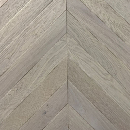 Xylo Pearl White Stained Engineered Oak Flooring, Rustic, Chevron, Brushed & UV Oiled, 90x14x540 mm